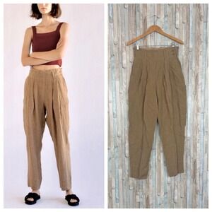 Mijeong Park S Tan 100% Linen High Waist Pleated Peg Leg Trouser Pant Minimalist